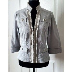 White House Black Market Gray Moto Blazer 3/4 Sleeve Jacket Ruffle Front  Sz 2